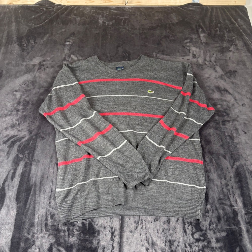 Lacoste Sweater Mens XL Gray Red White Striped Crewneck Long Sleeve Pullover